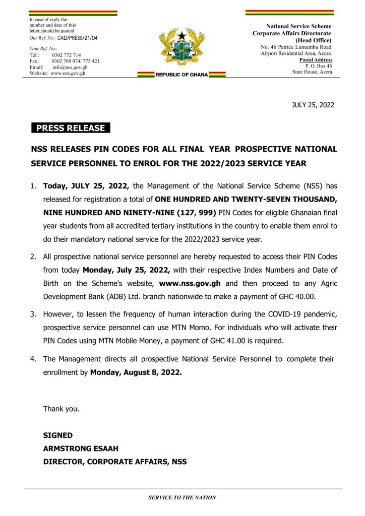 Press release NSS