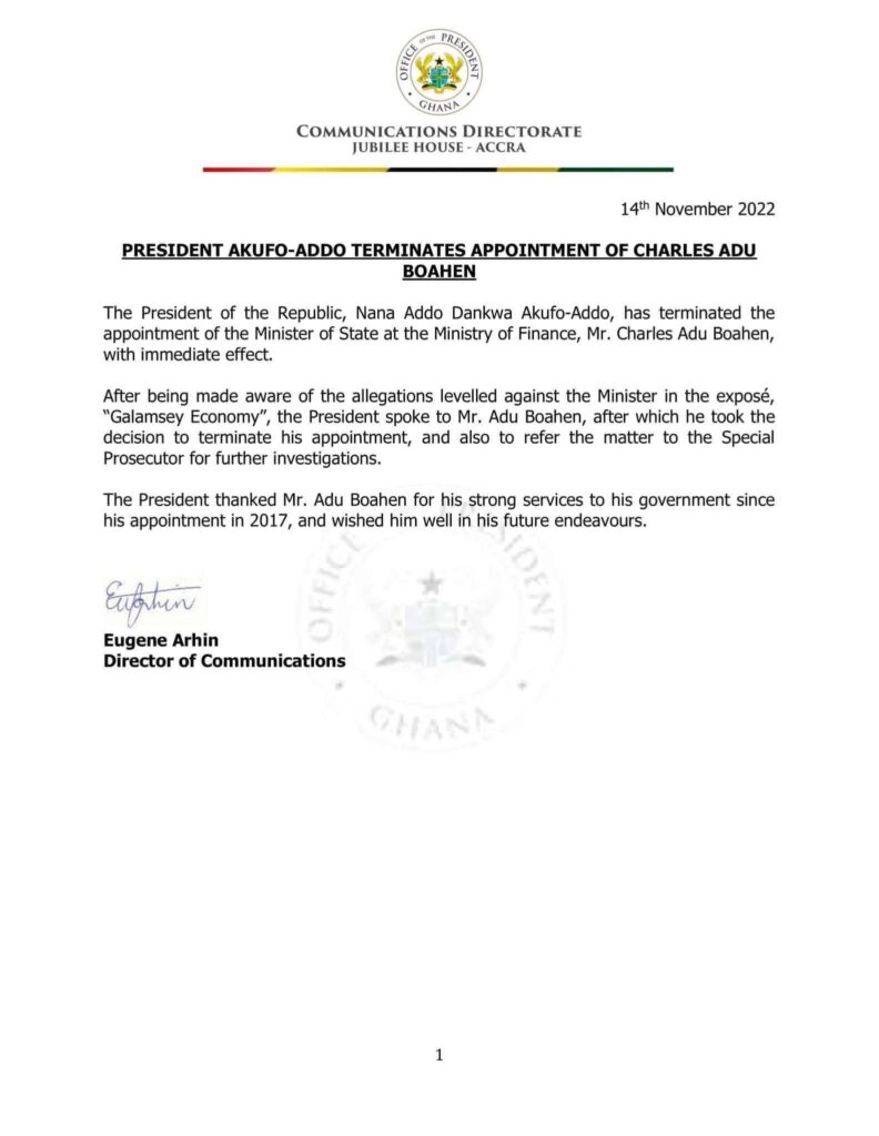 President Akufo-Addo terminates appointment of Charles Adu Boahen
